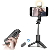 Mini selfie stick Techsuit Q11s sa stalkom, BT daljinskim upravljacem, rotacijom od 360° i LED svjetlom - crni