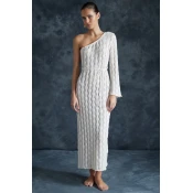 Trendyol Beige Belted Fitted Maxi Knitted Knitwear Effect One-Shoulder Beach Dress