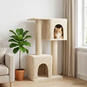 vidaXL Mačje drevo z naravnimi jaslicami za praskanje Krem 114 cm