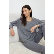 Trendyol Gray Melange 3-Piece Cotton Knitted Pajama Set