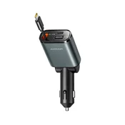 Joyroom Avtomobilski polnilnik 3 v 1 z zložljivim kablom USB-A USB-C - temno siv