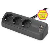 Namizna razdelilna letev z 3 Schuko vtičnicami, 2x USB-A (12W), 1x USB-C (30W), črna