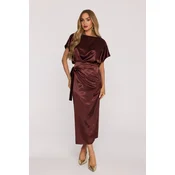 Made Of Emotion Womans Satin dress with a tie at the waist - brown
