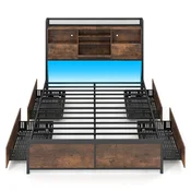 Costway Posteljni okvir 220x143x113 cm z LED postajo za polnjenje shranjevanjem v vzglavju in 4 predali kovinska platforma brez vzmetnice