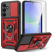 Overboard Oklepni ovitek za Samsung Galaxy A36 5G, CamShield Slide, rdeč + kaljeno steklo 9H