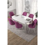 Hanah Home trpezarijski set Via, sto na razvlacenje i 6 stolica, bela ploca, ljubicasta tkanina Jerry