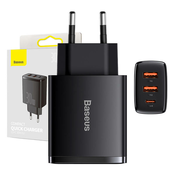 Baseus Compact hitri polnilec, 2xUSB, USB-C, PD, 3A, 30W (črn)