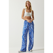 Happiness Istanbul Womens Blue and White Patterned Flowing Viscose Palazzo Trousers