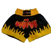 KRATKE HLAČE ZA THAI BOXING ČRNE BARVE Z MOTIVOM RUMENEGA PLAMENA, ROČNO ŠIVANE
