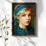 WallXpert uramljena MDF slika NAL075-70, portret devojke sa plavom maramom i bisernom mindušom, u stilu uljane slike, 50 x 70 cm