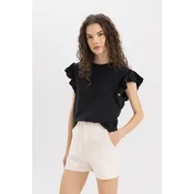 DEFACTO 100% Cotton Regular Cut Crew Neck Ruffle Detail Short Sleeve T-Shirt