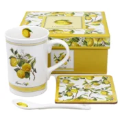 Porcelanasta skodelica LEMONS 320 ml z žličko in podstavkom, idealna za darilo