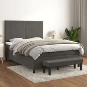 Greatstore Box spring postelja z vzmetnico temno siva 140x200 cm žamet
