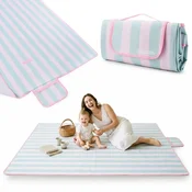 HyperMotion Plažna piknik odeja 150 x 200 cm z rožnato-zelenimi črtami - vodoodporno dno iz PVC, zložena meri 30 x 22 x 5 cm, vgrajen trakast ročaj