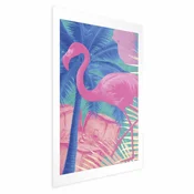 shumee Plakat - Rožnati flamingo - Abstraktni flamingo na ozadju palm in ledenih kock