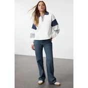 Trendyol Ecru Color Block Woven Garnish Oversize/Wide Pattern Knitted Sweatshirt