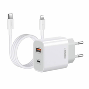 REMAX omrežni polnilec, rp-u68, usb-c, usb, 20w (bela) + kabel lightning