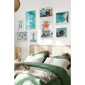 WallXpert set od 8 manjih uramljenih slika Çgs-002, tirkizni morski motivi – spasilacka kucica, palme, talasi, kombi i natpis Vitamin Sea, beli ram