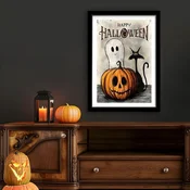 WallXpert uramljena slika 3752HALCT-020, natpis Happy Halloween sa duhom, bundevom i crnom mackom, 37 x 52 cm, crni ram