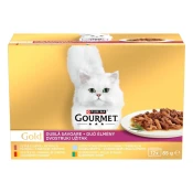 Gourmet Gold Duo hrana za muce, z raco in puranom, govedino in piščancem, z morsko ribo in špinačo, z zajcem in jetri, 8 x (12 x 85 g)