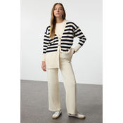 Trendyol Stone Button Detailed Jacquard Striped Cardigan Trousers Knitwear Bottom-Top Set