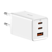 Stenski polnilni adapter Baseus, z GaN5 Pro tehnologijo, 1x USB-A in 2x USB-C izhodoma 65W - bel