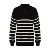 Trendyol Black Oversize Fit Wide Fit Polo Neck Striped Knitwear Sweater