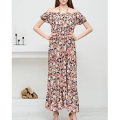 Resti Long navy blue womens dress with coral flowers - Clothing