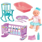 Lutka koja piški Loko Toys - Le Petit Bebe, s krevetom, hranilicom i koritom, 30 cm