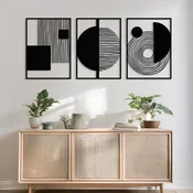 WallXpert metalni zidni ukras DCV-1106-MT, apstraktni geometrijski oblici u 3 rama, 3 dela, 37 x 50 cm, crni