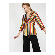 Koton Womens Orange V-Neck 3/4 Sleeve Striped Blouse