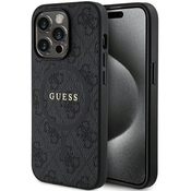 Guess 4G Collection Leather Metal Logo MagSafe ovitek za iPhone 15 Pro, Črn