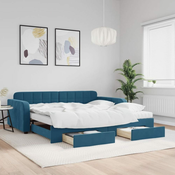 Greatstore Izvlečna dnevna postelja s predali modra 100x200 cm žamet