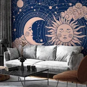 shumee Fototapeta - Kozmična harmonija - ilustracija sonca in lune na temno modrem ozadju/Noč in dan - eleganten vzorec sonca in lune na temnem ozadju