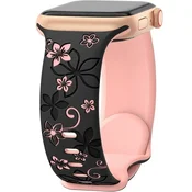 GS Silikonski pašček za Apple Watch 1/2/3/4/5/6/7/8/9/10/11/SE Ultra 1/2/3 42/44/45/46/49 mm, cvetlični vzorec, črna/roza