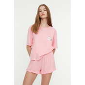 Trendyol Pink Cotton Printed T-shirt-Shorts Knitted Pajama Set