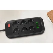 Električni razdelilec 6 vtičnic 230V 4x USB polnilec 3,4A črn 2m