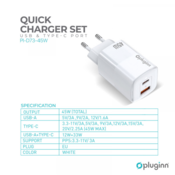 Kucni punjac Pluginn PI-D74-45w, GaN, QC3.0, PD3.0, PPS, USB 19W, PD 45W sa PD iPhone lightning kablom beli