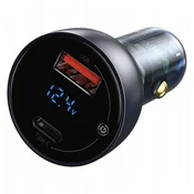 BASEUS Particular Digital Display auto punjac s zaslonom, USB + USB-C, QC3.0 + PD, 5A, 65W (sivi)