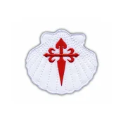 shumee Našitek z belo školjko in rdečim križem - simbol svetega Jakoba - likalnik/termo zapečatena podlaga - vezen našitek/značka/emblem