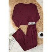 Trendyol Burgundy Heart Slogan Printed Elastic Knitted Pajama Set