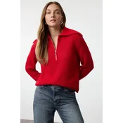 Trendyol Red Wool Wide Pattern Turn-down Collar Zippered Knitwear Sweater