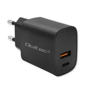 Polnilnik Qoltec GaN POWER PRO | 1x USB-C | 1x USB | 30 W | 5–20 V | 1,5–3 A | Črn