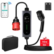 JUNSUN Tip 2 EV električni avtomobilski polnilni kabel – 11kW, nastavljiv tok, LCD zaslon, prenosni polnilnik 6 m z vtičem CEE 6-16A IP67 Wi-Fi Bluetooth, (5000156338)