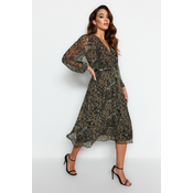 Trendyol Green With Belt A-Line Midi, Double Breasted Collar Patterned Chiffon Dress, Woven Dress
