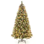 Northix Umetno božično drevo 195 cm z 420 LED lučkami, borovimi storži, rdečimi jagodami in snegom
