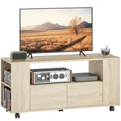 HOMCOM Premiční TV stojalo do 42 palcev, TV omarica z vrtljivimi kolesi in zavoro, nastavljive police in predali, za dnevno sobo in dnevni salon, 102x34.5x48.5 cm, naravni les