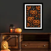 WallXpert uramljena MDF slika 3752HALCT-011, Noc veštica, tri bundeve sa licem medu jesenjim lišcem, 37 x 52 cm