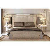 Casa Padrino luxury Art Deco double bed gray/gold 350 x 209.5 x H. 140 cm - Noble solid wood bed with mirrored headboard - Luxury Bedroom furniture - Hotel furniture - Art Deco furniture