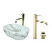 shumee GTM Design Aufsatzwaschbecken 38 cm Glanz Set mit Waschtischbatterie und Stopfen - Aufsatzwaschbecken Oval für Badezimmer - Modern Waschbecken ohne Hahnloch - Waschbecken mit Armature